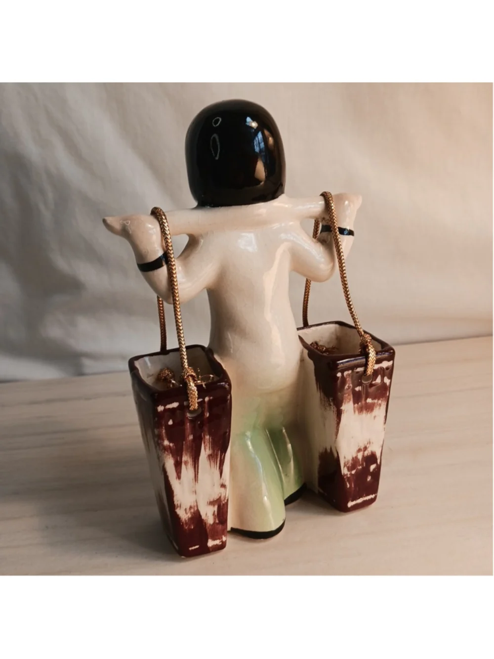 Vintage Ceramic Asian Child Carrying Yoke w Bucket Toothpick Holder Planter